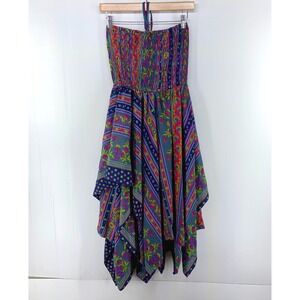 India Boutique Multi Color Pattern Smocked Handkerchief Hem Dress Women One Size
